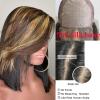 12inch Highlight Bob wig Human Hair with Side Bang 180% Colored 5X5 Pu Silk Base Fake Scalp Short Bob Wigs with Bangs Human Hair PrePlucked Balayage Honey Blonde Shoulder Length Wig with Bangs view 2
