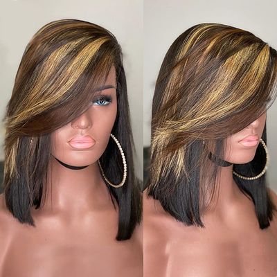 12inch Highlight Bob wig Human Hair with Side Bang130% Colored 13X4 Lace Front Short Bob Wigs with Bangs Human Hair PrePlucked Balayage Honey Blonde Shoulder Length Wig with Bangs