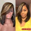 10inch Highlight Bob wig Human Hair with Side Bang 180% Colored 5X5 Pu Silk Base Fake Scalp Short Bob Wigs with Bangs Human Hair PrePlucked Balayage Honey Blonde Shoulder Length Wig with Bangs view 3