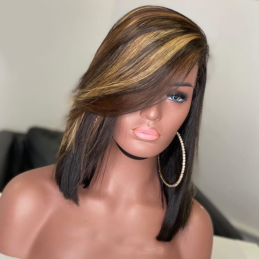 12inch Highlight Bob wig Human Hair with Side Bang150% Colored 5X5 Pu Silk Base Fake Scalp Short Bob Wigs with Bangs Human Hair PrePlucked Balayage Honey Blonde Shoulder Length Wig with Bangs