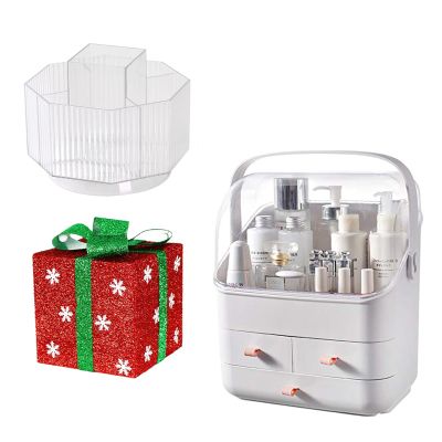 LINFIDITE Cosmetic Storage Box with Lid and 360Rotating Makeup Brush Holder