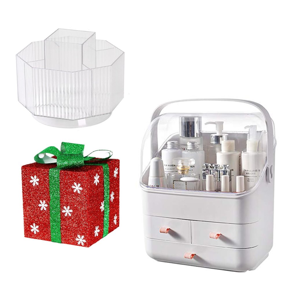 LINFIDITE Cosmetic Storage Box with Lid and 360Rotating Makeup Brush Holder