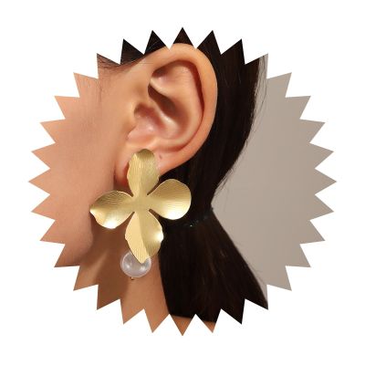YienDoo Boho Big Flower Drop Earrings Vintage Gold Floral Petal Dangle Earrings Statement French Flower Pearl Drop Earrings Studs Wedding Bridesmaid Earrings Jewelry for Women