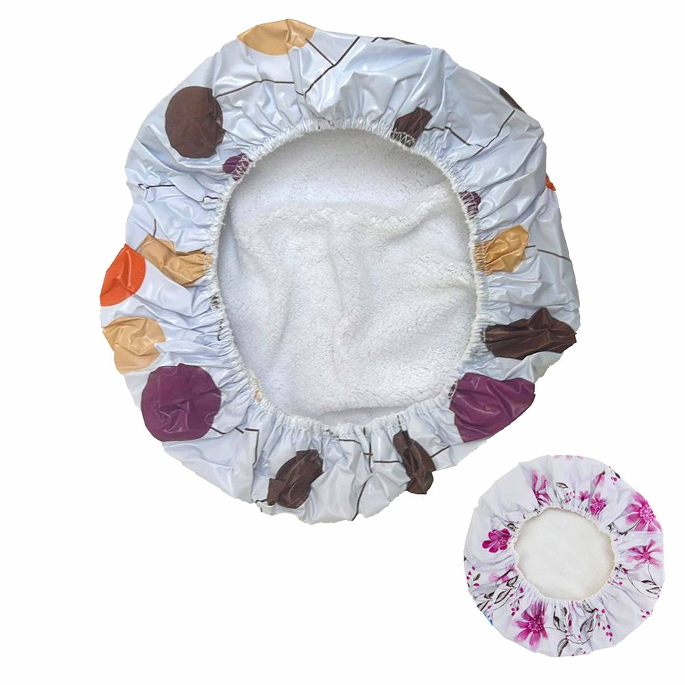 2 Pc Kids Teens Terry Cloth Lined Shower Cap Bouffant Pouch Bath Hat Hair Drying 2 Shower Cap Terry Cloth Lined Bouffant Pouch Hat Bath Hair Drying Waterproof Bathing Spa Women Reusable Stylish Beauty