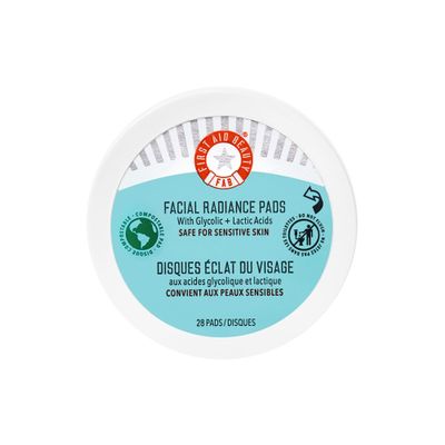 First Aid Beauty - Facial Radiance Pads with Glycolic & Lactic Acids, Daily Exfoliating Pads with AHA, Visibly Smaller Pores, Help Tone & Brighten Skin, One-Step Makeup Prep, Compostable, 28