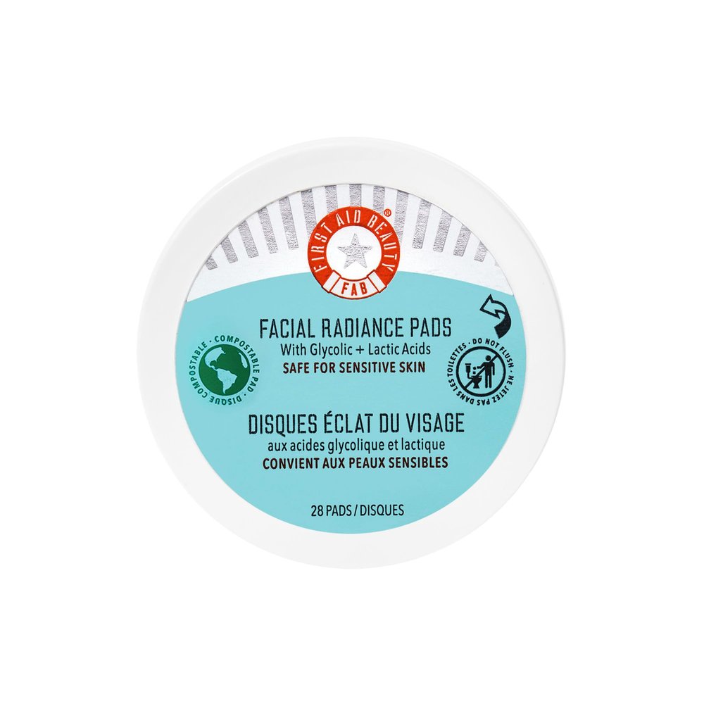 First Aid Beauty - Facial Radiance Pads with Glycolic & Lactic Acids, Daily Exfoliating Pads with AHA, Visibly Smaller Pores, Help Tone & Brighten Skin, One-Step Makeup Prep, Compostable, 28