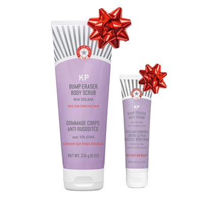 First Aid Beauty - KP Bump Eraser Body Scrub with 10% AHA, Keratosis Pilaris Skin Exfoliater with Glycolic and Lactic acids, Helps Reduce Chicken Skin Bumps, Safe for Sensitive Skin, 8 oz + Bonus, 2ct