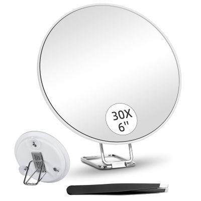 6inch 30X Magnifying Mirror with Stand & Suction Cups, Large Travel Magnified Mirror 30 x High Magnification Makeup Mirror for Handheld Table Wall-Mounted Use, 30x Travel Magnifying Mirror & Tweezers