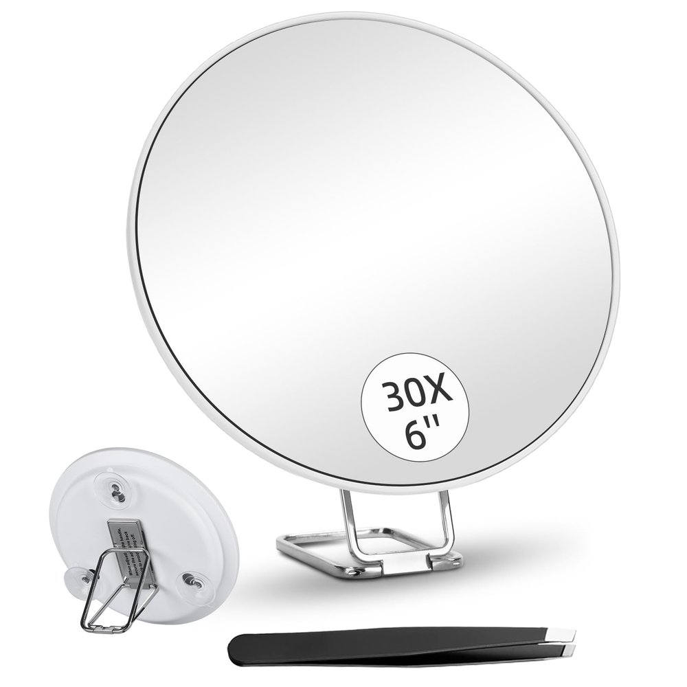 6inch 30X Magnifying Mirror with Stand & Suction Cups, Large Travel Magnified Mirror 30 x High Magnification Makeup Mirror for Handheld Table Wall-Mounted Use, 30x Travel Magnifying Mirror & Tweezers