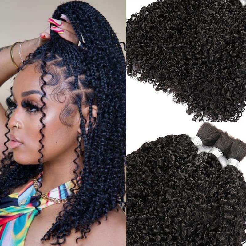 10inch Curly Virgin Human Hair Bulk for Braiding No Weft Micro Braids Brazilian Remy Human Hair Bulk Extension 100g/Bundle Natural Black Weaving Extensions 2Bundles