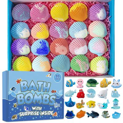 Bath Bombs for Kids with Surprise Marine Animals Inside, 20 Shell Kids Bath Bombs Gift Set, Handmade Bubble Bath Fizzes Bomb for Chrildren Birthday Christmas and Party Favor