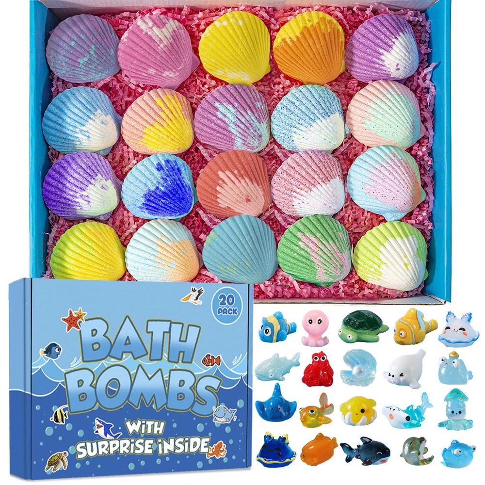 Bath Bombs for Kids with Surprise Marine Animals Inside, 20 Shell Kids Bath Bombs Gift Set, Handmade Bubble Bath Fizzes Bomb for Chrildren Birthday Christmas and Party Favor