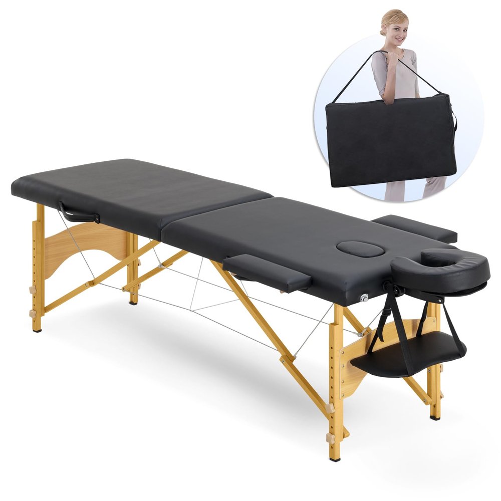 Artechworks Massage Table Massage Bed 2 Folding Portable Lash Bed for Eyelash Extensions Beauty Tattoo Table Adjustable Black W/Carry Case for Spa Salon,Lightweight,Black Color