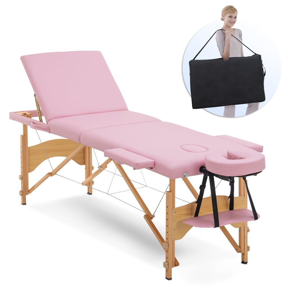 Artechworks Massage Table Massage Bed 3 Folding Portable Lash Bed for Eyelash Extensions Beauty Tattoo Table Adjustable Black W/Carry Case SalonBed Lightweight,Pink Color