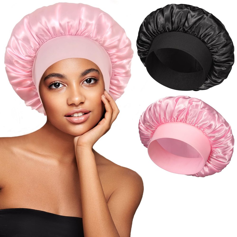2pcs Satin Bonnets for Women, Silk Hair Bonnet for Sleeping, Wide Soft Band Large Silky Sleep Cap for Curly Hair Braids