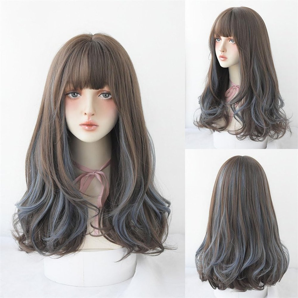 Azedssw Long Curly Hair Women Wig With Bangs Daily Brown Black Cosplay Braided Wigs Heat Resistant Fiber Party Fake Hair