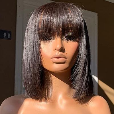10inch Short Bob Wigs Human Hair With Bangs Straight Natural Black Silk Base Scalp Top None Lace Front Wigs Fall Brazilian Remy Hair Short Bob Wig With Bangs for Women