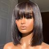 10inch Short Bob Wigs Human Hair With Bangs Straight Natural Black Silk Base Scalp Top None Lace Front Wigs Fall Brazilian Remy Hair Short Bob Wig With Bangs for Women view 3