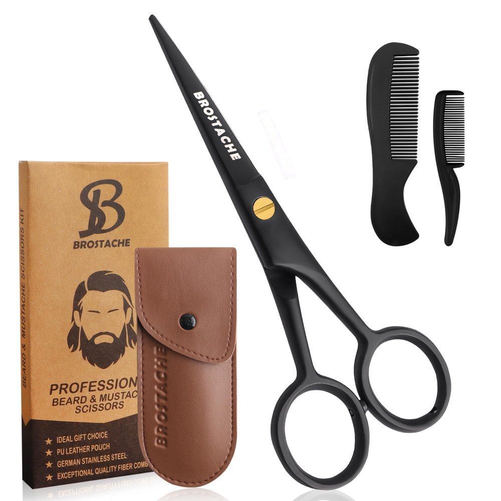 BROSTACHE 5 Professional Beard and Mustache Scissors, German Steel Beard Scissors Come with Mustache Comb, Beard Comb and Carrying Pouch. Grooming Scissor for All Facial Hair Scissors (Black)