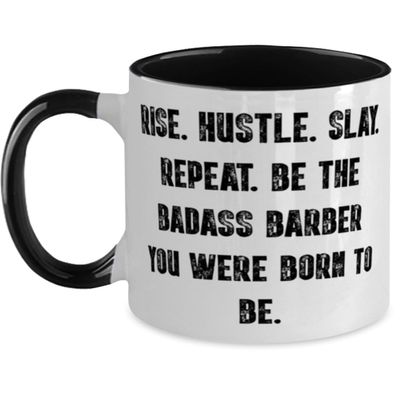 Barber Gifts For Coworkers, RISE. HUSTLE. SLAY. REPEAT. BE THE BADASS, Unique Barber Two Tone 11oz Mug, Cup From Colleagues, Present, Grooming, Mens grooming, Haircare, Skincare