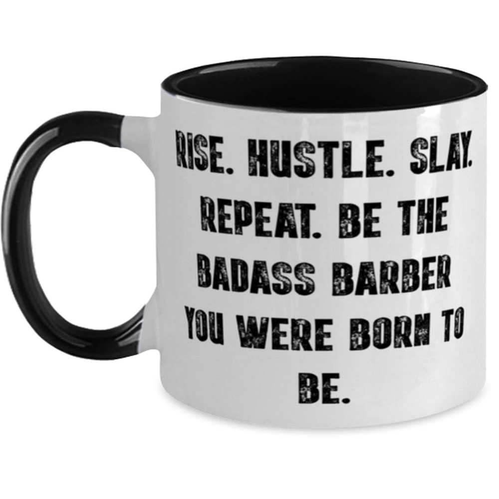 Barber Gifts For Coworkers, RISE. HUSTLE. SLAY. REPEAT. BE THE BADASS, Unique Barber Two Tone 11oz Mug, Cup From Colleagues, Present, Grooming, Mens grooming, Haircare, Skincare