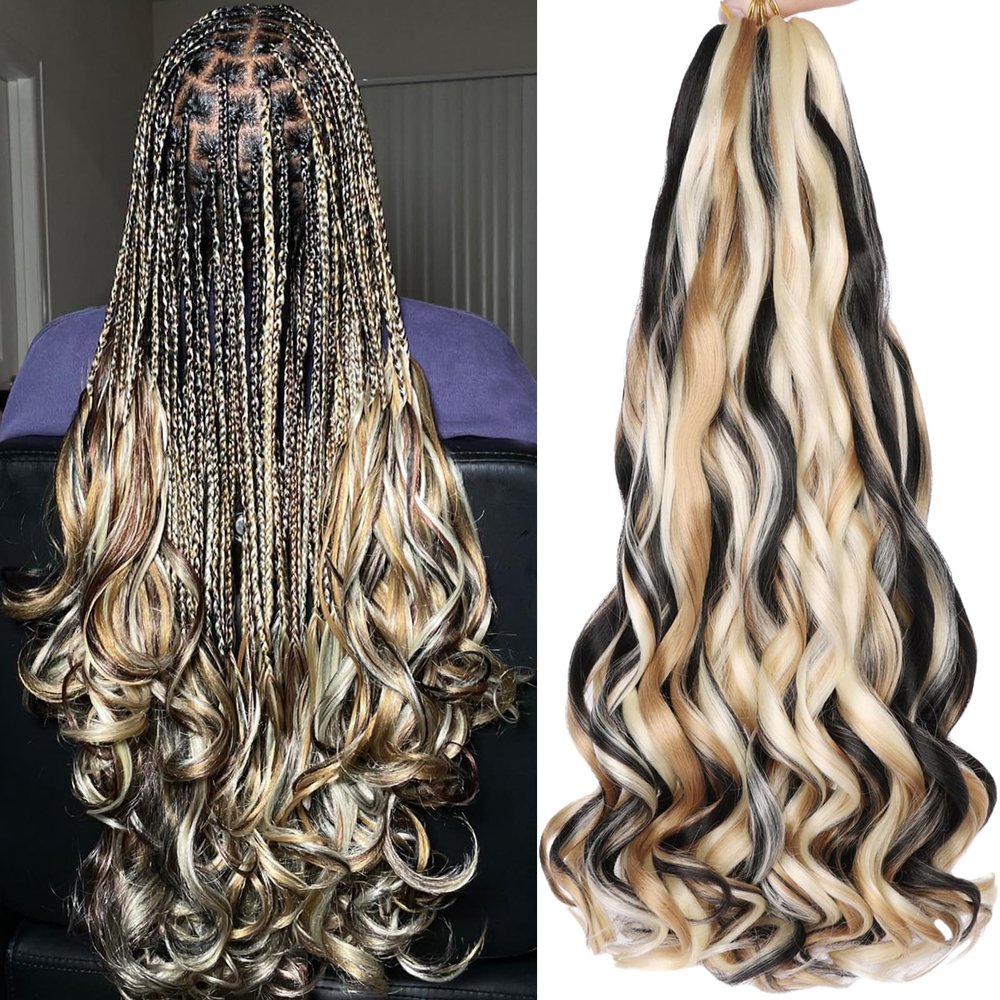 COOKOO 9 Packs French Curly Braiding Hair 22 Inch for Goddess Box Braids with Loose Wave Curly Ends Mix Black and Blonde Pre Stretched French Curls Synthetic Hair Extentions for Women P1B/27/613#