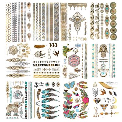 12 Sheets Flash Gold Metallic Temporary Tattoos for Women Girls Waterproof Gold Silver Tattoo Stickers for Beach Festivals Parties Long Lasting Nontoxic Glitter Fake Tattoos Exquisite Designs