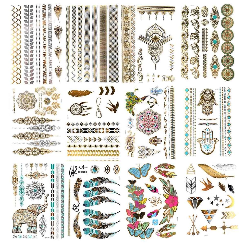12 Sheets Flash Gold Metallic Temporary Tattoos for Women Girls Waterproof Gold Silver Tattoo Stickers for Beach Festivals Parties Long Lasting Nontoxic Glitter Fake Tattoos Exquisite Designs