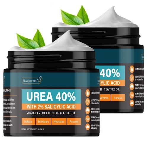 NUVADERMIS Urea Cream 40% for Feet Maximum Strength Foot Repair Lotion with 2% Salicylic Acid, Shea Butter, Tea Tree Oil, and Vitamin E For Dry, Cracked Heels 5.29 oz Jar - 2 Pack