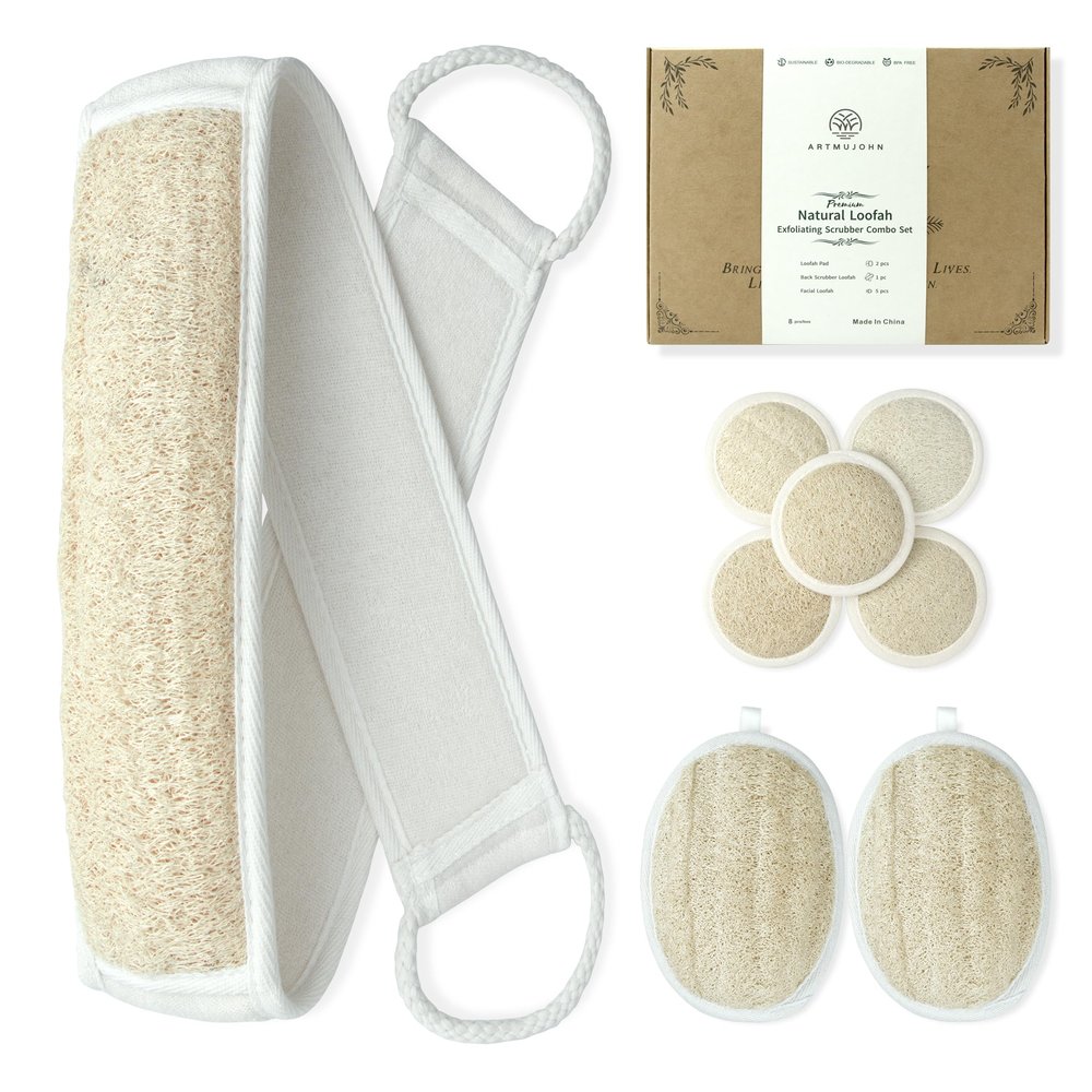 ARTMUJOHN Premium Natural loofah exfoliating Scrubber Combo Set, 1 Pack Back Scrubber loofah - 2 Pack Loofah pad - 5 Pack Facial loofah - Loofah Set (Gift Box-Packed), Bathe loofah,Gift for Women