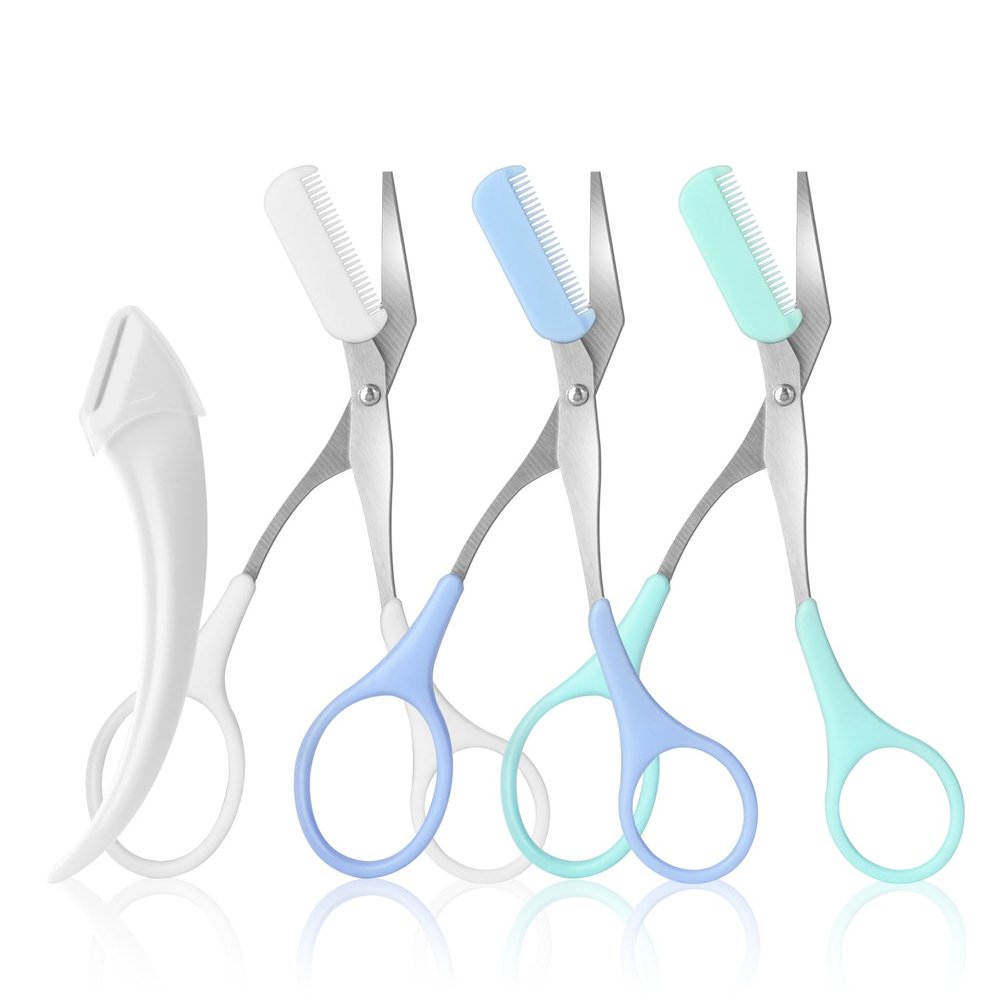 3pcs-Eyebrow Scissors with Eyebrow Razor,Professional Eyebrow Trimmer Scissors with Comb,Non Slip Finger Grips Eyebrow Trimmer, Hair Removal Beauty Accessories for Men Women (Green,Blue,white)