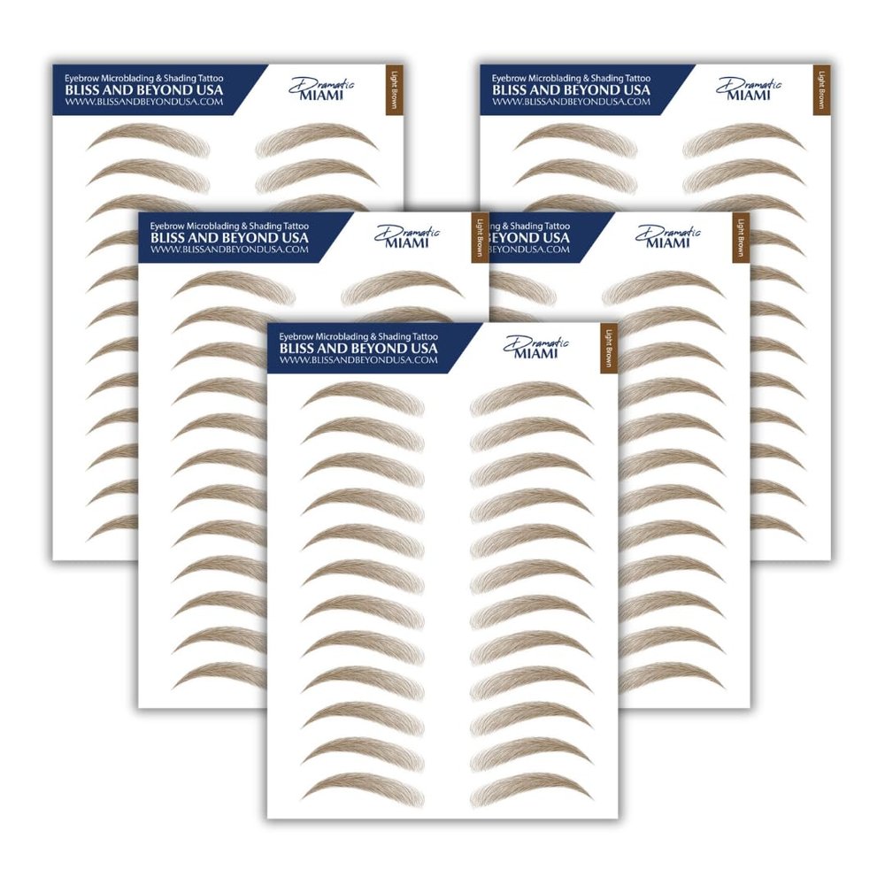 Bliss and Beyond USA Waterproof Eyebrow Tattoo Sticker - Valued Set of 5 Sheets - Long-Lasting, Natural-Looking Fake Eyebrow for Bald Spots, Alopecia, Ongoing Chemo, Cancer gift. | Same Size eyebrow tattoo stickers | Hairloss Solution (Dramatic Miami
