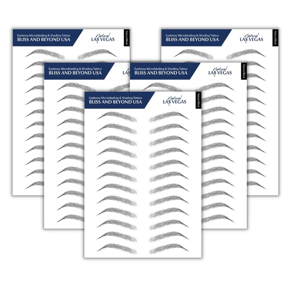 Bliss and Beyond USA Waterproof Eyebrow Tattoo Sticker - Valued Set of 5 Sheets - Long-Lasting, Natural-Looking Fake Eyebrow for Bald Spots, Alopecia, Ongoing Chemo, Cancer gift. | Same Size eyebrow tattoo stickers | Hairloss Solution (Natural Las Ve