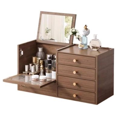 Makeup Organiser Storage Display Box Wooden Makeup Organizer with 4 Drawers and Built-in Mirror, Sturdy Solid Wood Storage Box for Makeup, Accessories, Jewelry and More, Compact Dressing Table Organiz