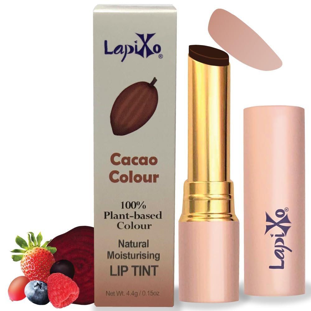 LAPIXO 100% Plant-based Color Lip Tint, Unique Formula, Natural + Moisturizing | 2-in-1 | Non-Toxic, All Food Ingredients, Antioxidant-rich, Natural Matte Sheer, Buildable, 4.4g/0.15oz (Cacao color)
