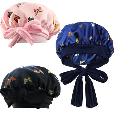 NAIHOD 3 Pieces Hair Bonnets for Women Satin, Butterfly Shower Cap, Soft Elastic Band Sleep Cap, Elastic Band Sleep Cap for Beauty and Hair Care