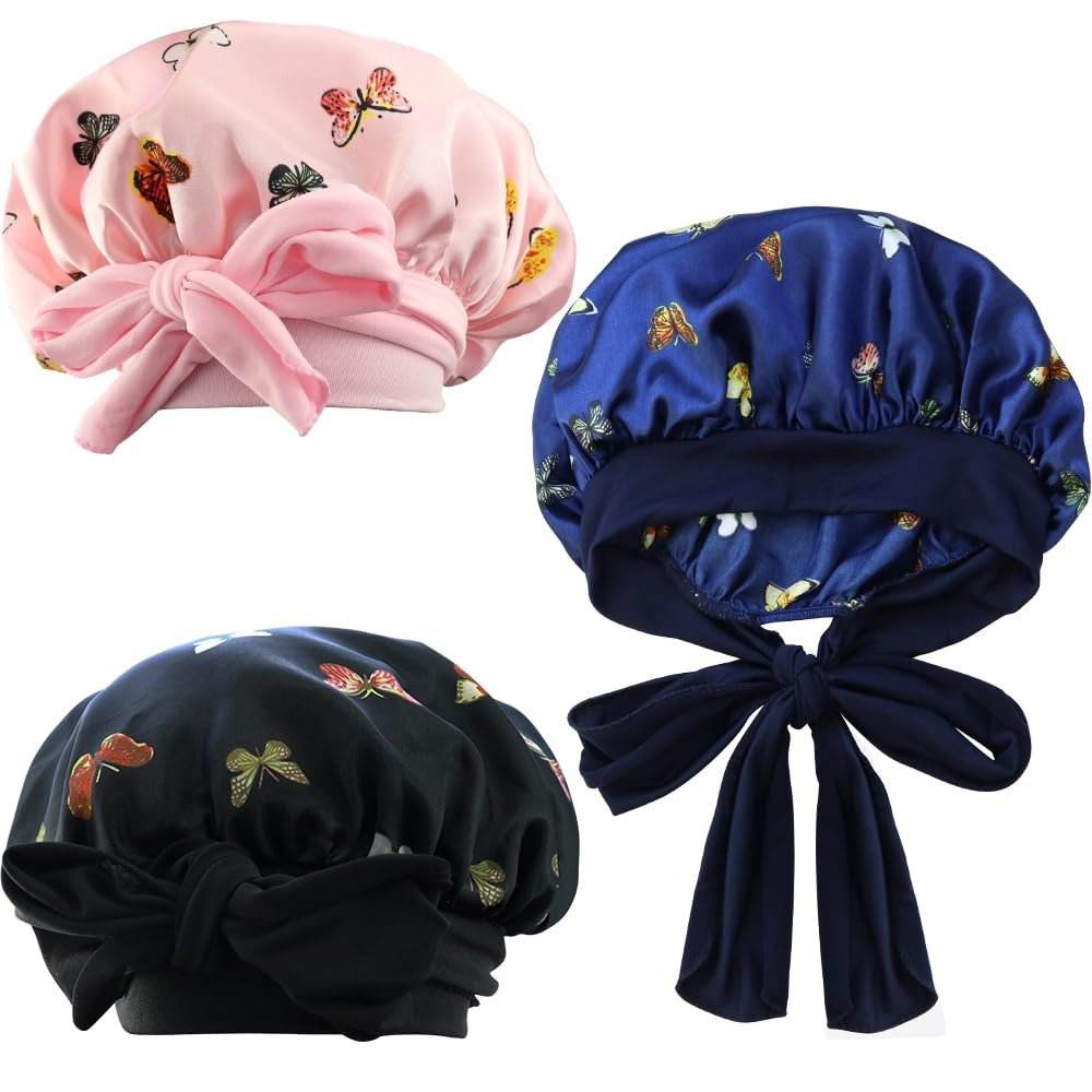 NAIHOD 3 Pieces Hair Bonnets for Women Satin, Butterfly Shower Cap, Soft Elastic Band Sleep Cap, Elastic Band Sleep Cap for Beauty and Hair Care