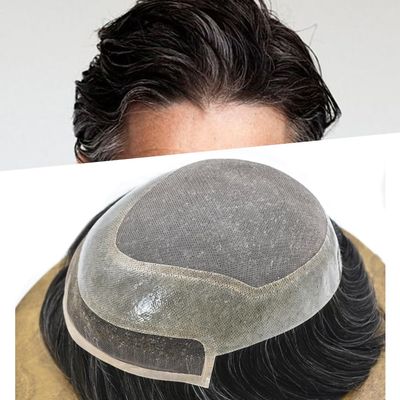 Toupee for Men Human Hair System Replacement Lace Front Mens Toupee Hairpieces Mono PU Hair Unit Wigs for Men (#1B20 Off Black+20% Gray-120% Medium Light to Medium Density, 7''X9'')