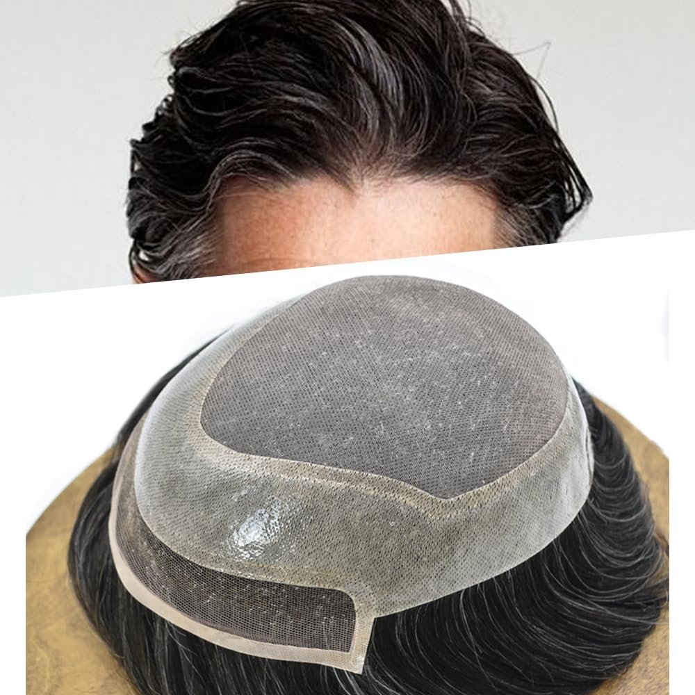 Toupee for Men Human Hair System Replacement Lace Front Mens Toupee Hairpieces Mono PU Hair Unit Wigs for Men (#1B20 Off Black+20% Gray-120% Medium Light to Medium Density, 7''X9'')