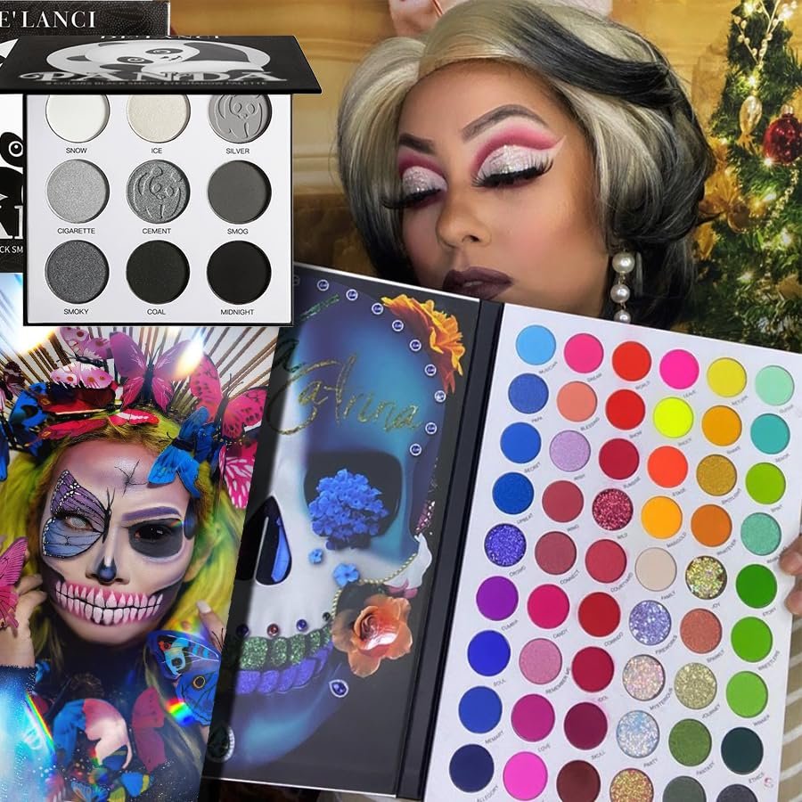 La Catrina Makeup Pallet 54 Colors + Black White Grey Smokey Eyeshadow Palette Set, Halloween Makeup Skull Clown SFX Makeup Joker Zombie Vampire Cosplay Skeleton Costume, for Women Christmas Gift