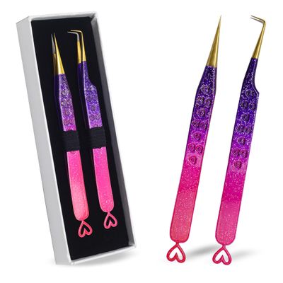 Precision Eyelash Extension Tweezers,Straight And 90-Degree, with Fiber Tip, Volume & Isolation Tweezers, Japanese Stainless Steel, Unique Heart Design (Multi-Color)