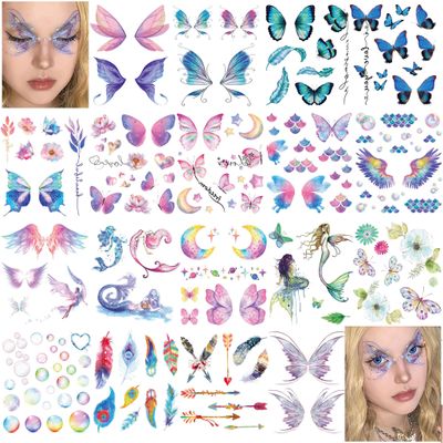18 Sheets Glitter Temporary Tattoos for Women, Rosymormor Fairy Butterfly Flower Fake Tattoos for Party Favors, Face Glitter Stickers Makeup Rave Accessories Festival Essentials Halloween Christmas