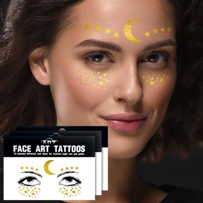 3Sheets Moon and Star Face Metallic Tattoo Sticker - Eye Gold Glitter Temporary Water Transfer Tattoo Professional Make Up Dancer Costume Halloween Parties for Women and Girls