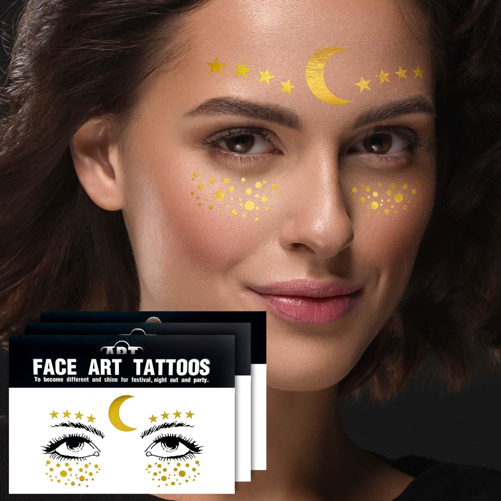 3Sheets Moon and Star Face Metallic Tattoo Sticker - Eye Gold Glitter Temporary Water Transfer Tattoo Professional Make Up Dancer Costume Halloween Parties for Women and Girls