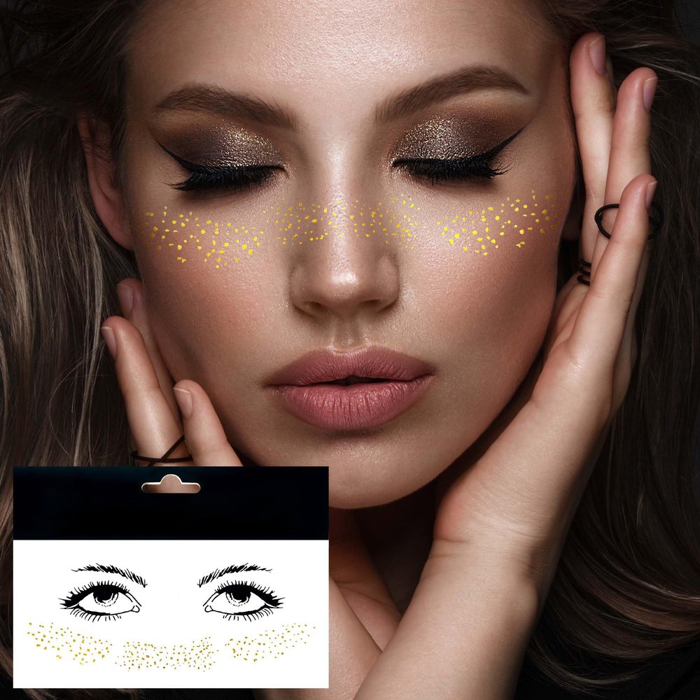 1Sheet Freckles Face Metallic Tattoo Sticker - Eye Gold Glitter Temporary Water Transfer Tattoo Professional Make Up Dancer Costume Halloween Parties for Women and Girls