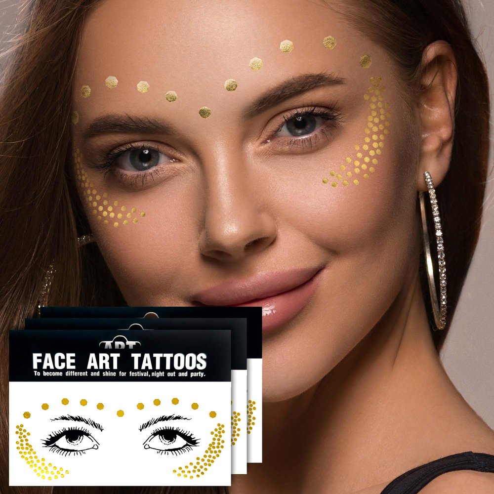 3Sheets Freckles Face Metallic Tattoo Sticker - Eye Gold Glitter Temporary Water Transfer Tattoo Professional Make Up Dancer Costume Halloween Parties for Women and Girls