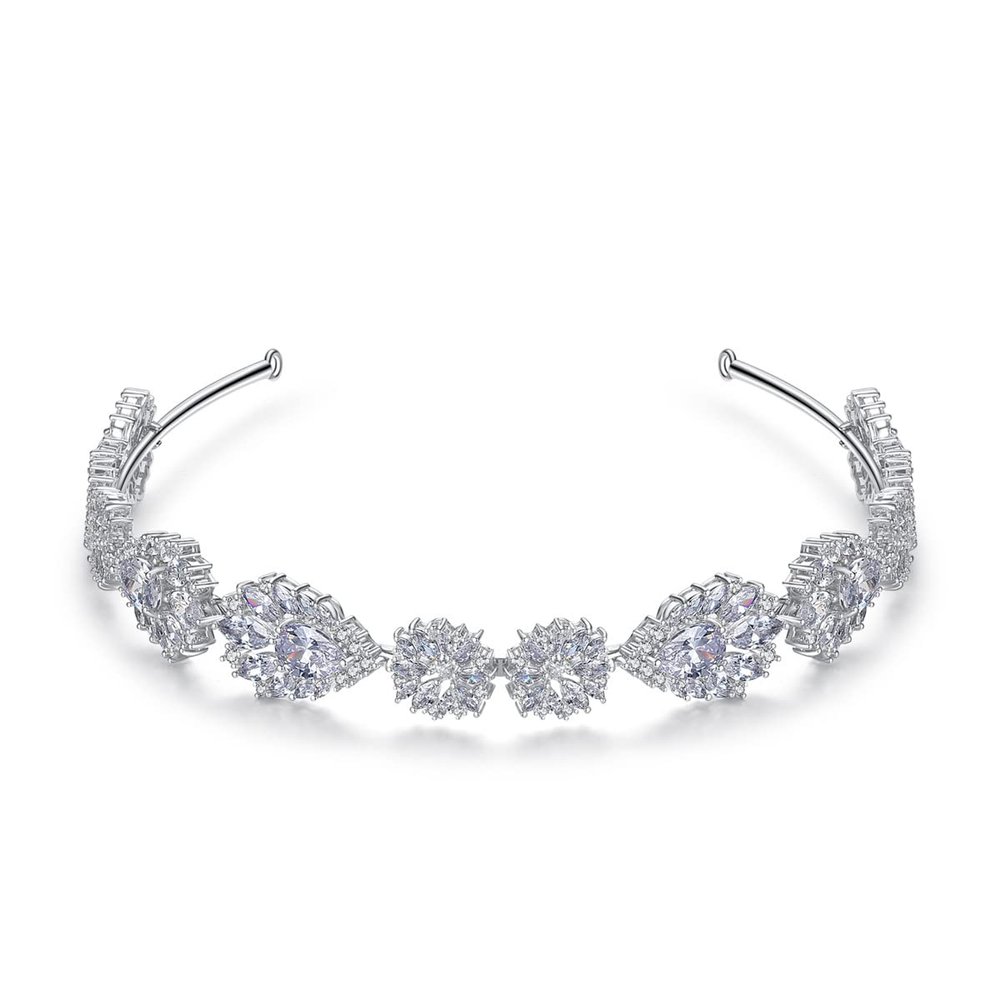 14K Gold Flower and Leaf Crystal Headpiece,Round Cut Gemstone Headband,Stunning Wedding Hair Accessories for Wedding (Flower and Leaf (12 * 1.9cm))
