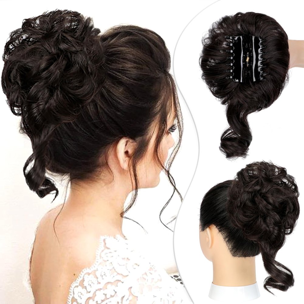 Wodelanle Claw Clip Messy Bun Hair Piece for Women - Wavy Curly Chignon, Ponytail Hairpieces, Tousled Updo Extensions, Scrunchie for Daily Use - Dark Brown Mix Light Auburn