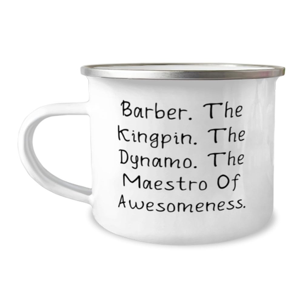 Barber Gifts For Colleagues, Barber. The Kingpin. The Dynamo. The Maestro Of, Gag Barber 12oz Camper Mug, From Coworkers, Unique barber gifts, Unusual barber gifts, One of a kind barber gifts, Custom