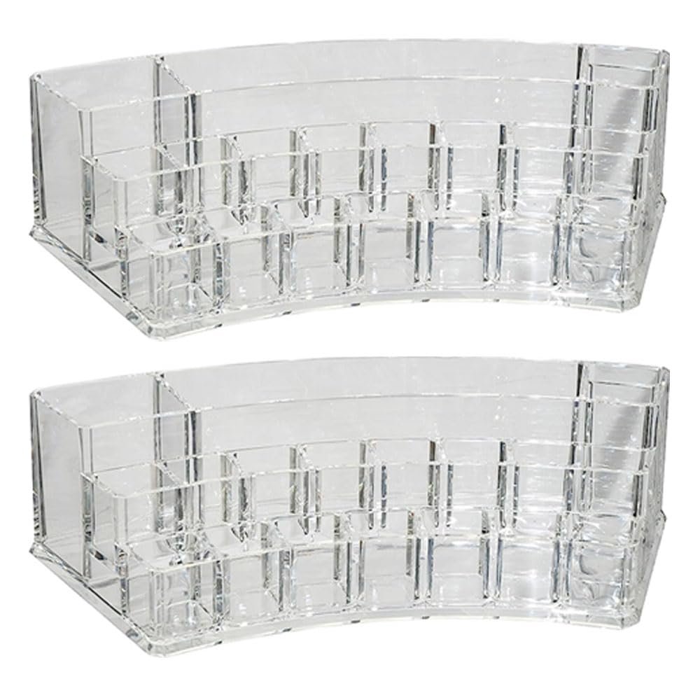 2 Acrylic Cosmetic Organizer Jewelry Makeup 19 Compartment Holder Vanity Storage Acrylic Container Lipstick Brush Stand Case Skincare Stationary Desk Dresser Display Beauty Products Divided Sections